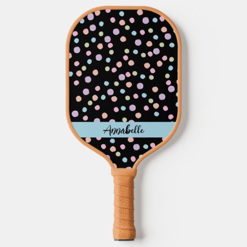 Monogram Name Black Colorful Watercolor Polka Dots Pickleball Paddle