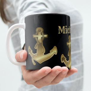 Monogram Name Black & Faux Gold Nautical Anchor Giant Coffee Mug