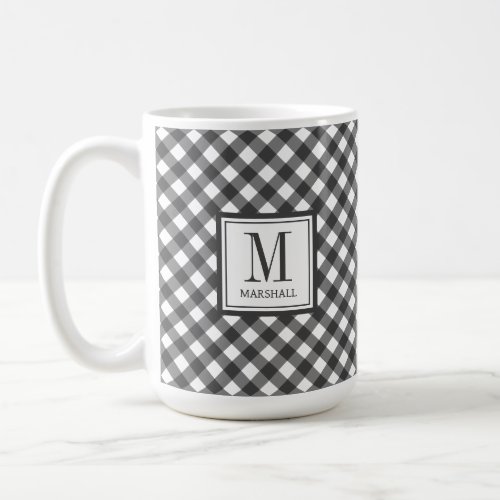 Monogram Name Black Gingham Plaid Birthday Coffee Mug
