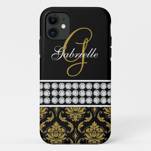 Monogram Name Black Gold Damask iPhone 5 Case (Back)