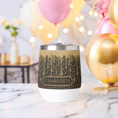 Monogram Name Black Gold Dripping Glitter Glam  Thermal Wine Tumbler