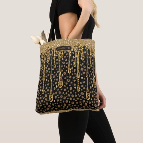 Monogram Name Black Gold Dripping Glitter Glam  Tote Bag