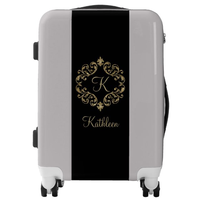Monogram Name Black Gold Glitter Damask Flourish  Luggage (Front)