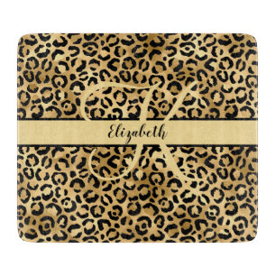 Monogram Name Black Gold Leopard Cheetah Print  Ac Cutting Board