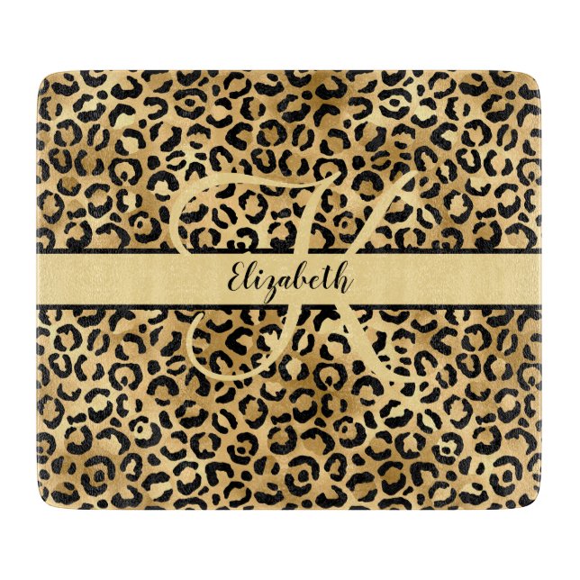 Monogram Name Black Gold Leopard Cheetah Print  Ac Cutting Board (Front)
