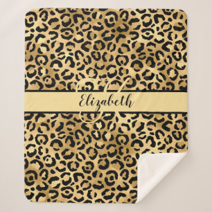 Monogram Name Black Gold Leopard Cheetah Print She Sherpa Blanket
