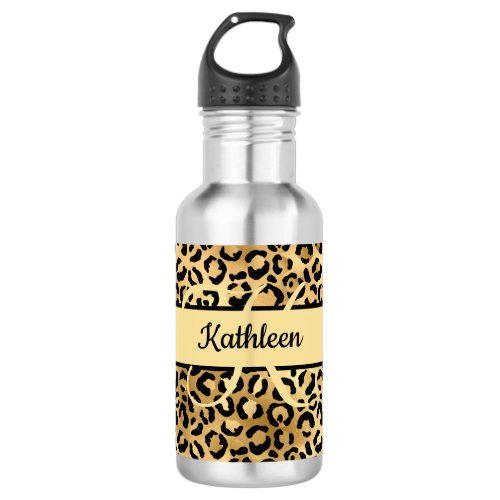 Monogram Name Black Gold Leopard Cheetah Print Stainless Steel Water Bottle