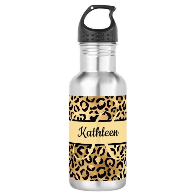 Monogram Name Black Gold Leopard Cheetah Print Stainless Steel Water Bottle (Front)