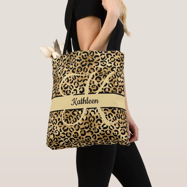 Monogram Name Black Gold Leopard Print Bridesmaid  Tote Bag (Close Up)