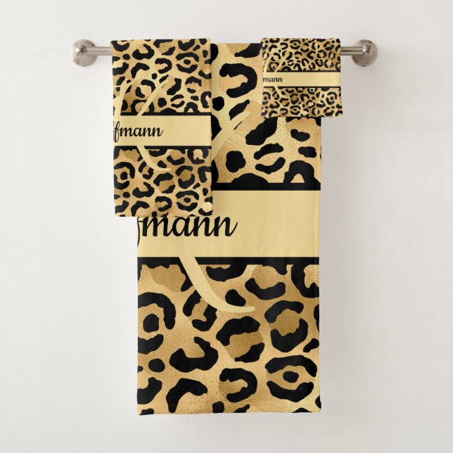 Monogram Name Black Gold Leopard Print Cheetah  Bath Towel Set (Insitu)