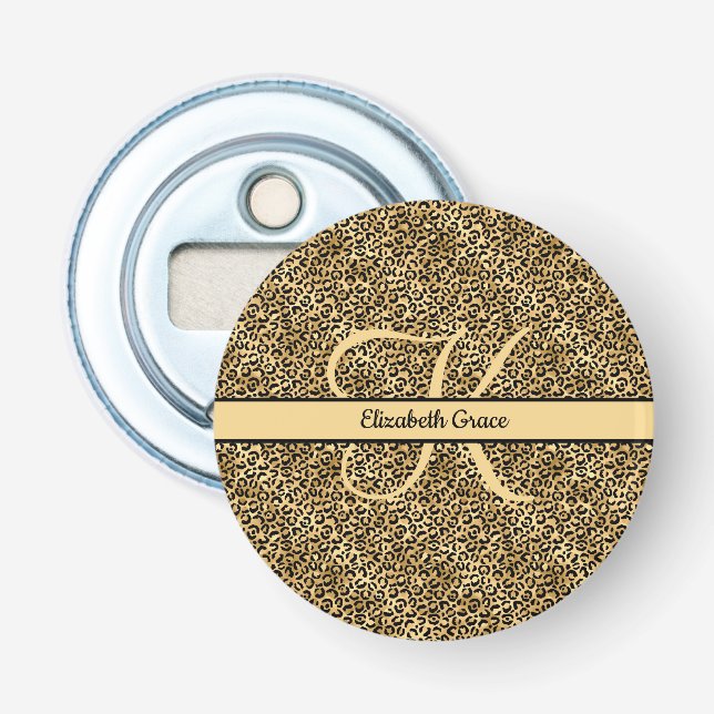 Monogram Name Black Gold Leopard Print Cheetah Bottle Opener (Front)