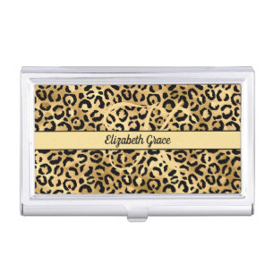 Monogram Name Black Gold Leopard Print Cheetah Business Card Case