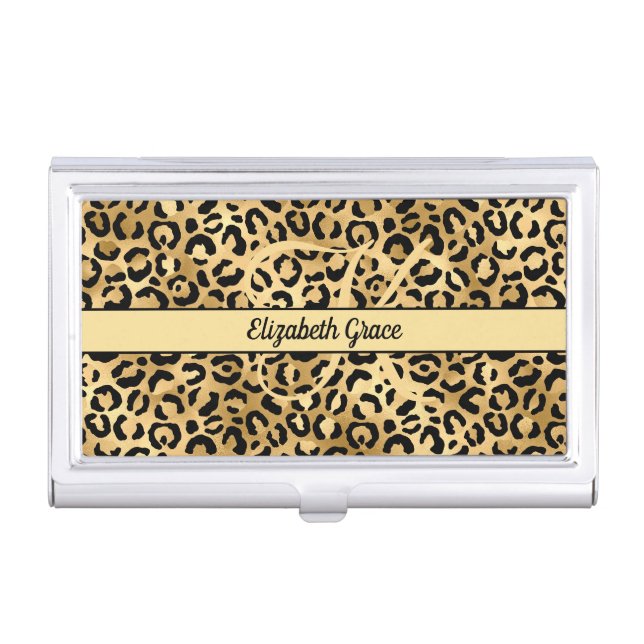 Monogram Name Black Gold Leopard Print Cheetah Business Card Case (Front)