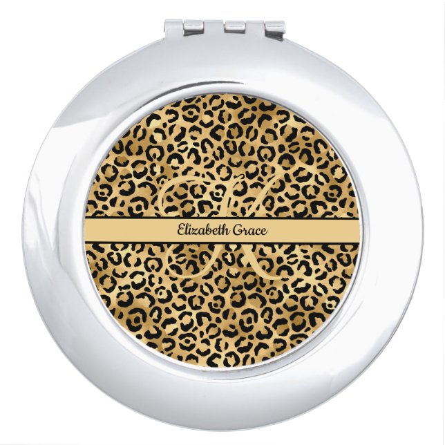 Monogram Name Black Gold Leopard Print Cheetah  Co Compact Mirror (Front)
