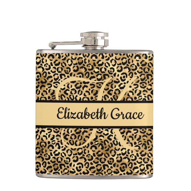 Monogram Name Black Gold Leopard Print Cheetah Flask (Front)