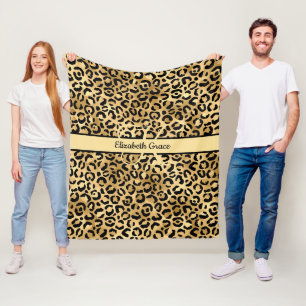 Monogram Name Black Gold Leopard Print Cheetah Fleece Blanket