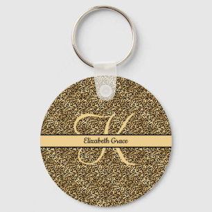 Monogram Name Black Gold Leopard Print Cheetah  Keychain