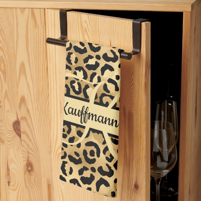 Monogram Name Black Gold Leopard Print Cheetah Kitchen Towel (Thirds Fold)