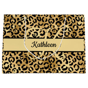 Monogram Name Black Gold Leopard Print Cheetah  Large Gift Bag