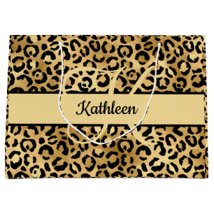Monogram Name Black Gold Leopard Print Cheetah  Large Gift Bag