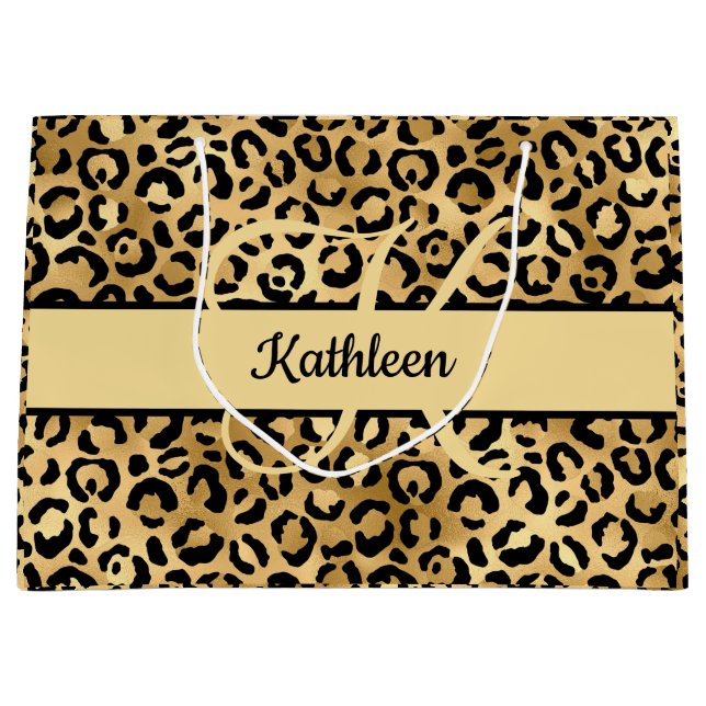Monogram Name Black Gold Leopard Print Cheetah  Large Gift Bag (Front)
