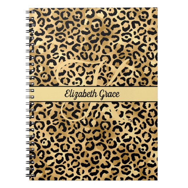 Monogram Name Black Gold Leopard Print Cheetah  Notebook (Front)