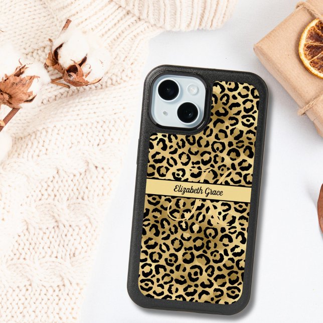 Monogram Name Black Gold Leopard Print Cheetah  Otterbox iPhone Case (Black Gold Leopard print monogram Name initial iPhone Otterbox case.)