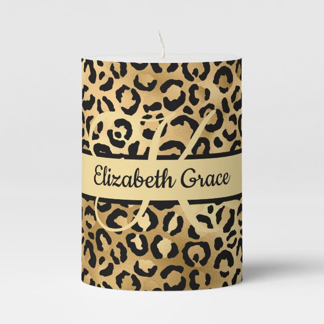 Monogram Name Black Gold Leopard Print Cheetah  Pillar Candle (Front)
