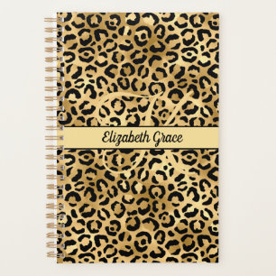 Monogram Name Black Gold Leopard Print Cheetah Planner