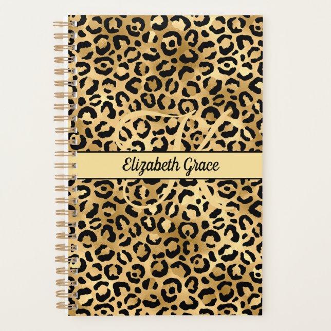Monogram Name Black Gold Leopard Print Cheetah  Planner (Front)