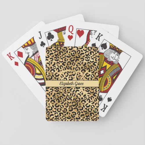 Monogram Name Black Gold Leopard Print Cheetah  Poker Cards
