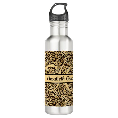 Monogram Name Black Gold Leopard Print Cheetah  Stainless Steel Water Bottle