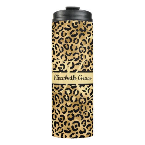 Monogram Name Black Gold Leopard Print Cheetah Thermal Tumbler