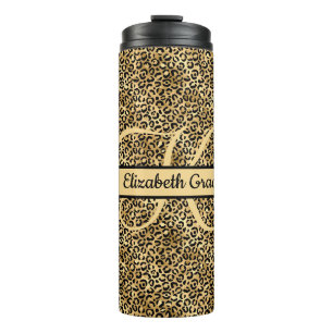 Monogram Name Black Gold Leopard Print Cheetah Thermal Tumbler