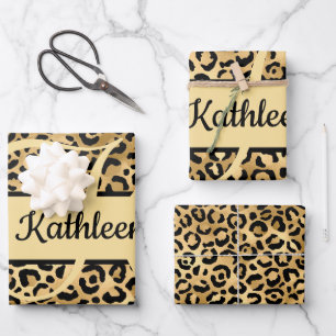 Monogram Name Black Gold Leopard Print Cheetah  Wrapping Paper Sheets