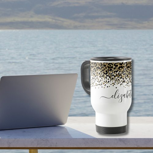 Monogram Name Black Gold Leopard Print Chic Trendy Mug