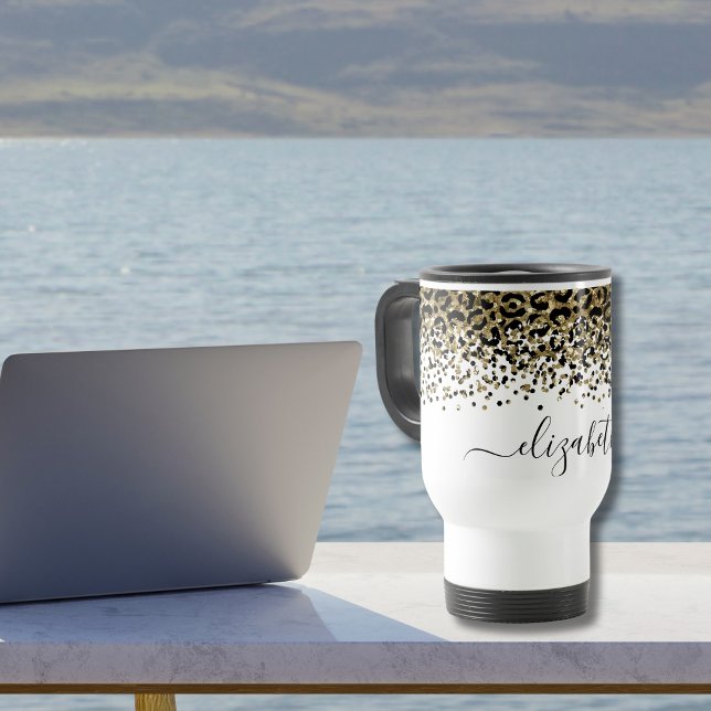 Monogram Name Black Gold Leopard Print Chic Trendy Mug (Monogrammed Black Gold Leopard Print Animal Print Travel Coffee Mug)