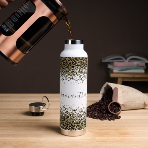 Monogram Name Black Gold Leopard Print Chic Trendy Water Bottle