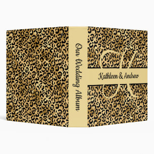 Monogram Name Black Gold Leopard Print Wedding 3 Ring Binder