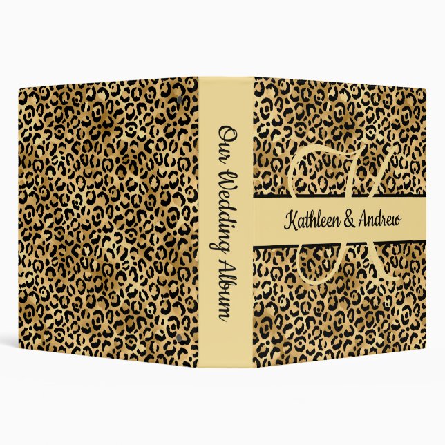Monogram Name Black Gold Leopard Print Wedding  3 Ring Binder (Background)