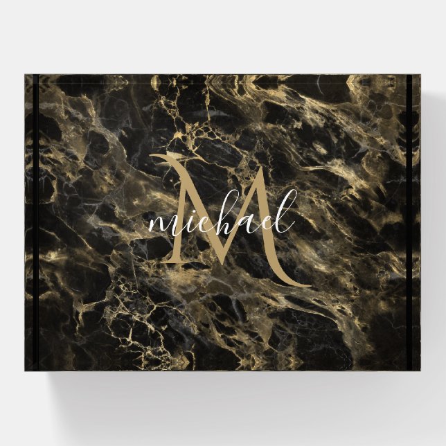 Monogram & Name Black & Gold Marble  Gold Paperweight (Front)
