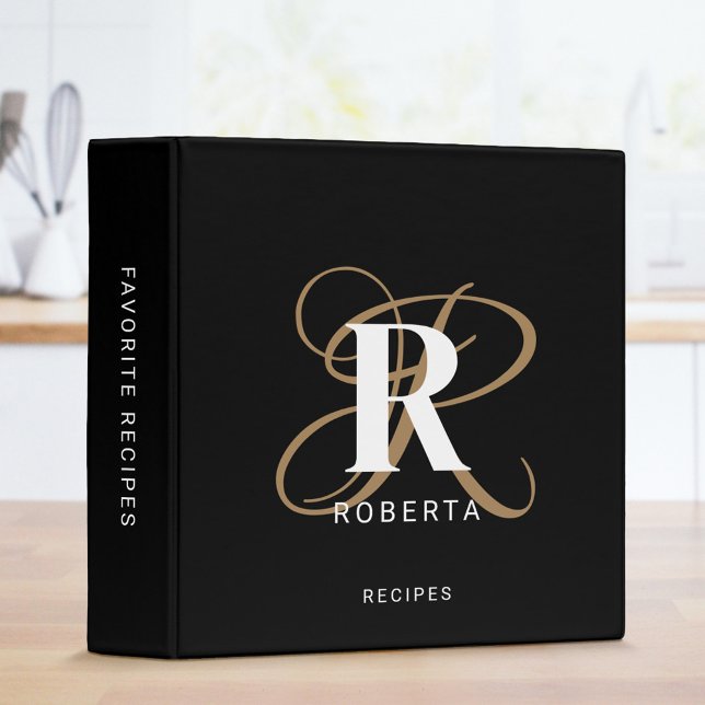 Monogram Name Black Gold Script Recipe 3 Ring Binder (Creator Uploaded)