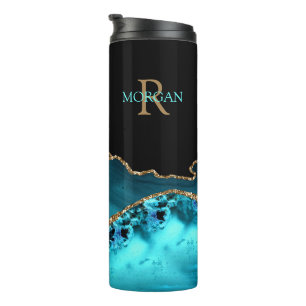 Monogram & Name, Black Gold & Teal Agate Thermal Tumbler