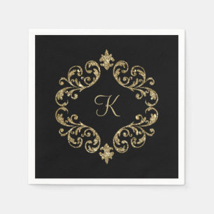 Monogram Name Black Gold Wedding Formal Party Napkins