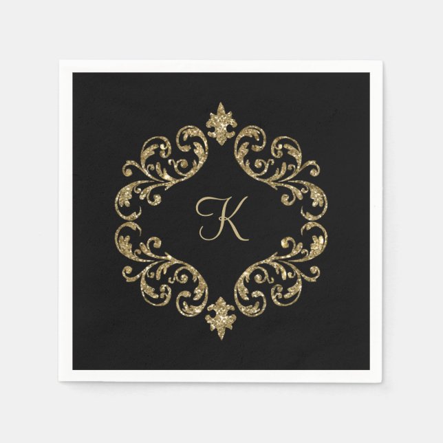 Monogram Name Black Gold  Wedding Formal Party Napkins (Front)