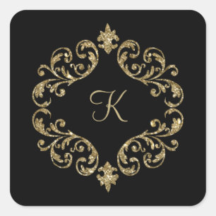 Monogram Name Black Gold  Wedding Formal Party Square Sticker