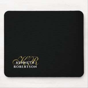 Monogram Name Black Gold White Minimalist Elegant  Mouse Pad
