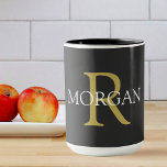 Monogram & Name, Black, Gold & White Text Mug<br><div class="desc">Personalize this black Coffee Mug with your Monogram and Name. This simple Classic Design In Gold and White Text can also be used for a Company Name and website.</div>