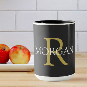 Monogram & Name, Black, Gold & White Text Mug