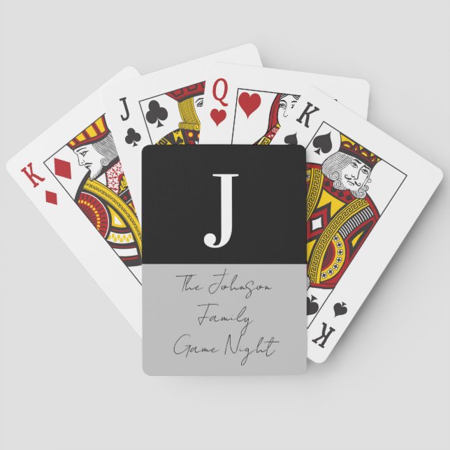 Monogram Name Black Gray Family Game Night Poker Cards (Back)
